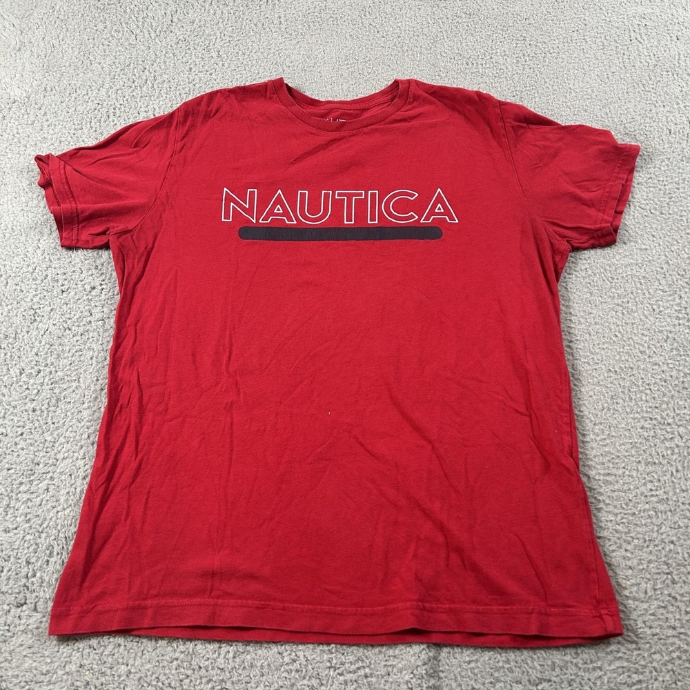 Nautica Shirt Mens Medium Red Graphic Logo Short Sleeve Crewneck‎ Cotton